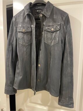 Men's Slate Gray Leather Shirt Jacket